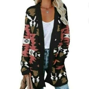 Tribal‎ Western Boho Print Black Pink Oversized Cardigan Lightweight Coat Size M